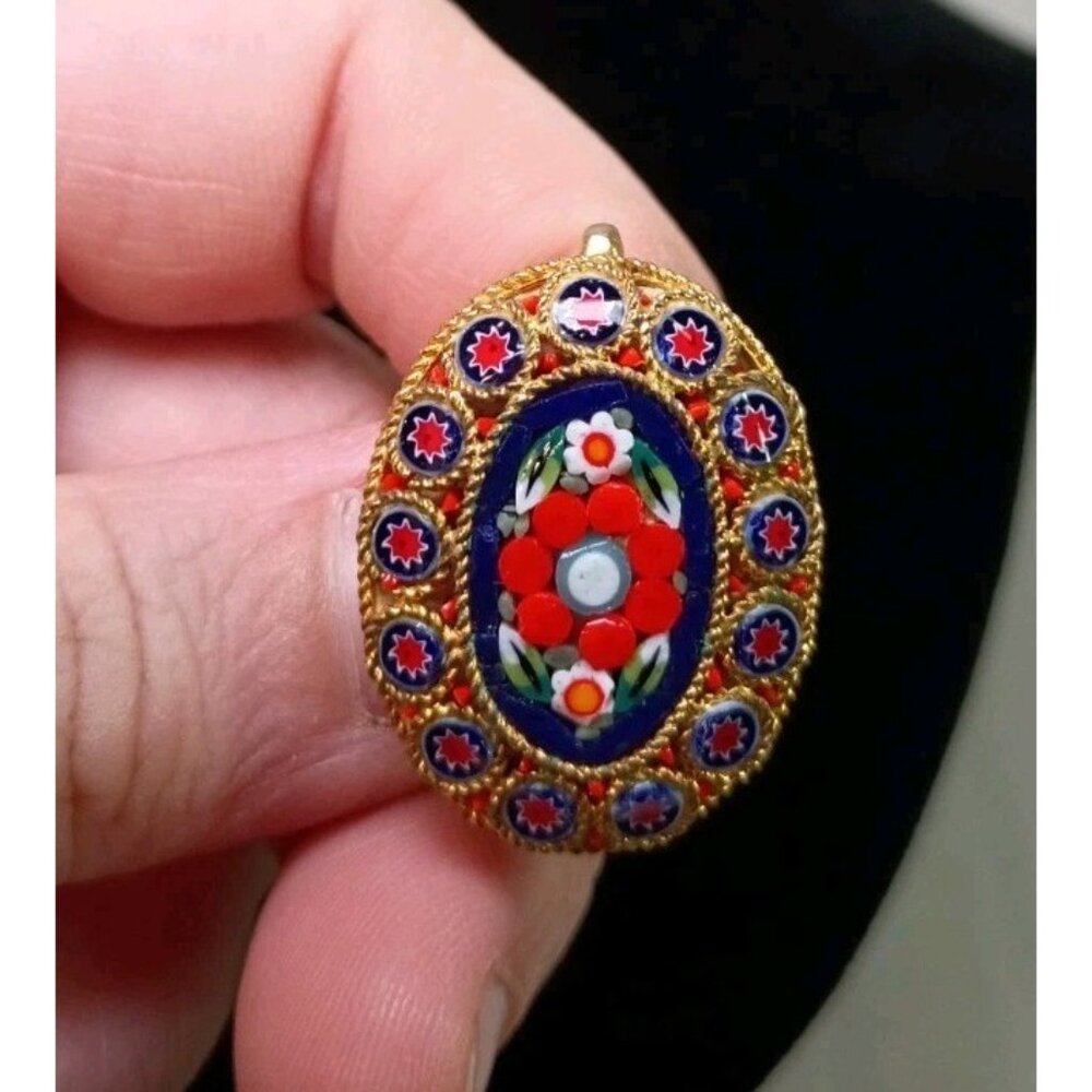 Vintage Italian Micro-Mosaic Blue Red Floral Oval Pin Gold-Tone Wrapped